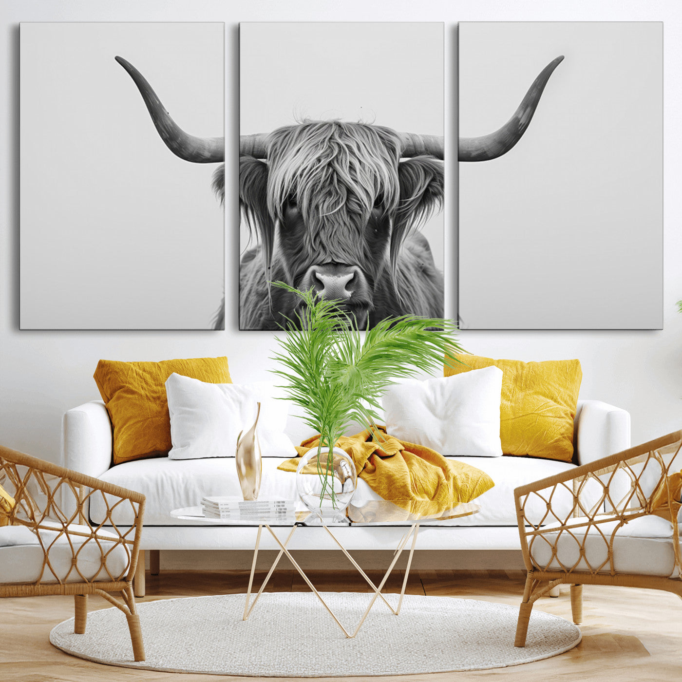 MGV-CV-60X30-3P - Farmhouse Longhorn Wall Art Canvas Print, Longhorn Texas Wall Art Canvas Print