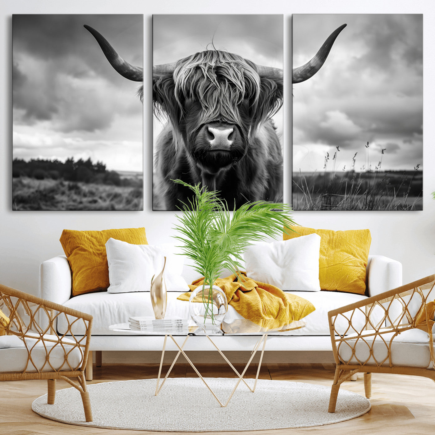 MGV-CV-60X30-3P - Scottish Cow Wall Art Canvas Print | Longhorn Wall Art | Bighorn Animal Wall Art