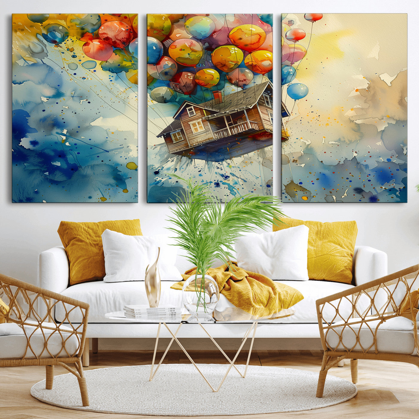 MGV-CV-60X30-3P - UP-Inspired Floating House with Balloons Canvas Art – Colorful 3-Panel Wall Decor for Living Room,