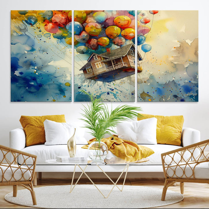 UP-Inspired Floating House with Balloons Triptych Canvas Art – Colorful 3-Panel Wall Decor for Living Room, Office, or Nursery