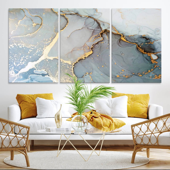 A blue and gold marbled Large Abstract Marble Wall Art Canvas Print hangs overhead.