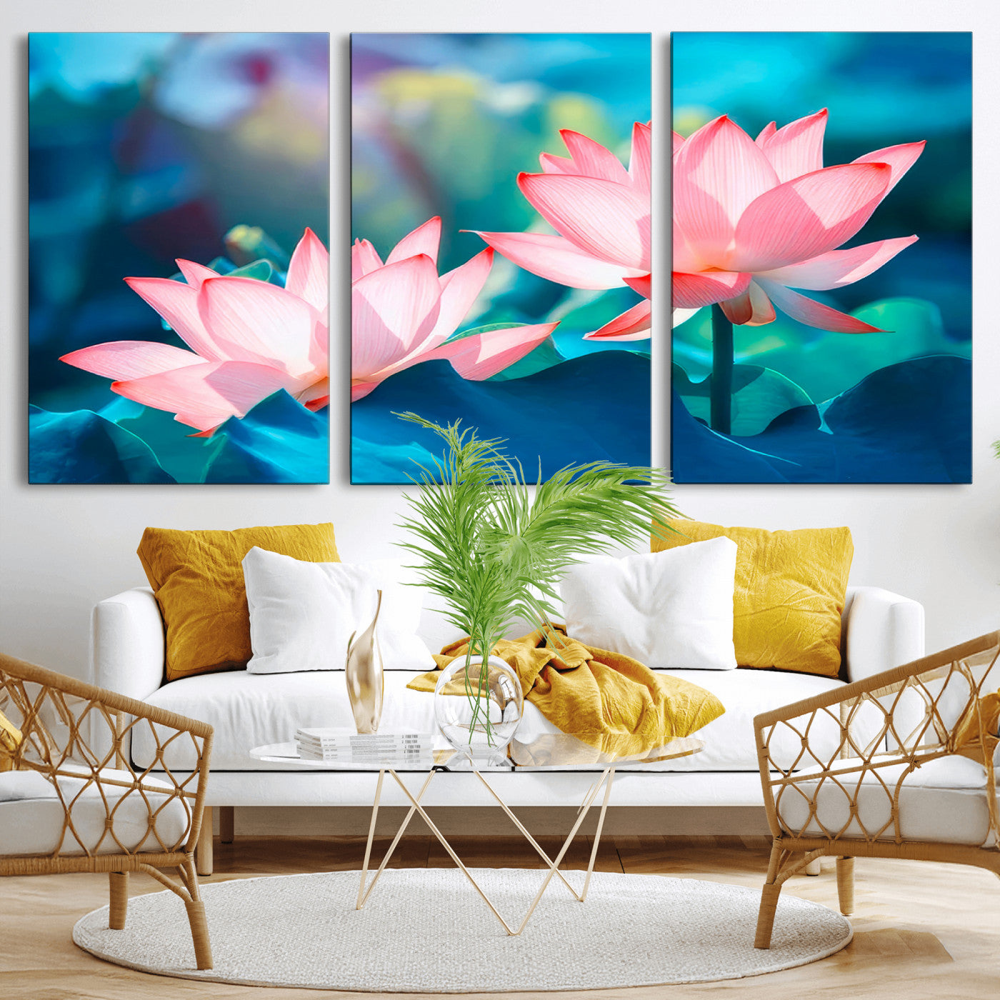 MGV-CV-60X30-3P - Pink Lotus Flower Canvas Wall Art | Vibrant Floral Wall Decor for Living Room, Office, or Bedroom | Large Botanical Art