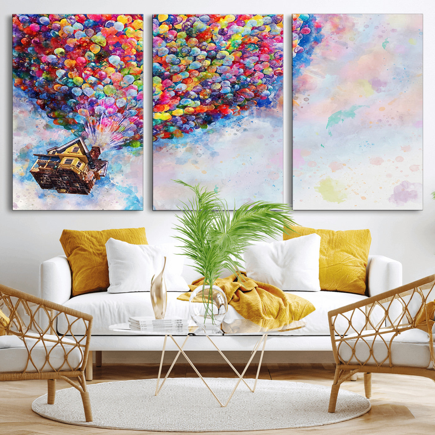 MGV-CV-60X30-3P - Don't Look Up Movie Canvas Wall Art - Vibrant Floating House and Balloons Scene, Tribute to Iconic