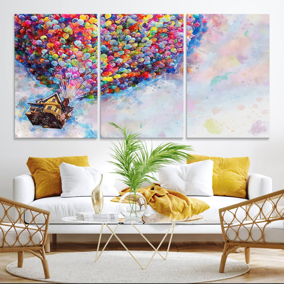 The Dont Look Up canvas wall art, featuring a house and balloons, brightens the kitchen wall.