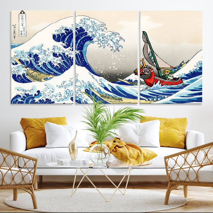 The Katsushika Hokusai Kanagawa Giant Wave Canvas print captures a vibrant sailing scene.