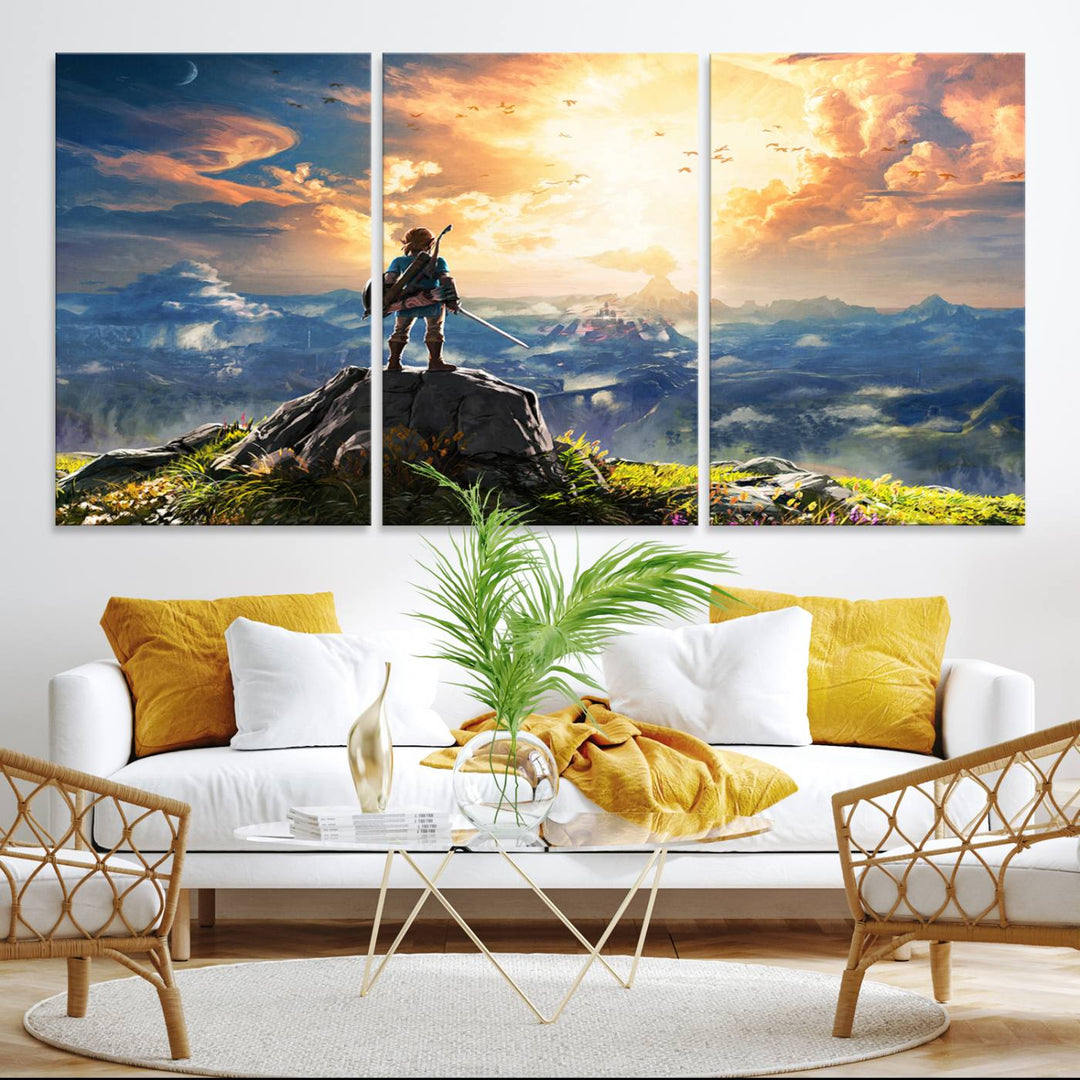 A vibrant Legend of Zelda Breath of the Wild canvas print depicts a figure standing on a rock with mountains and sky in the background.