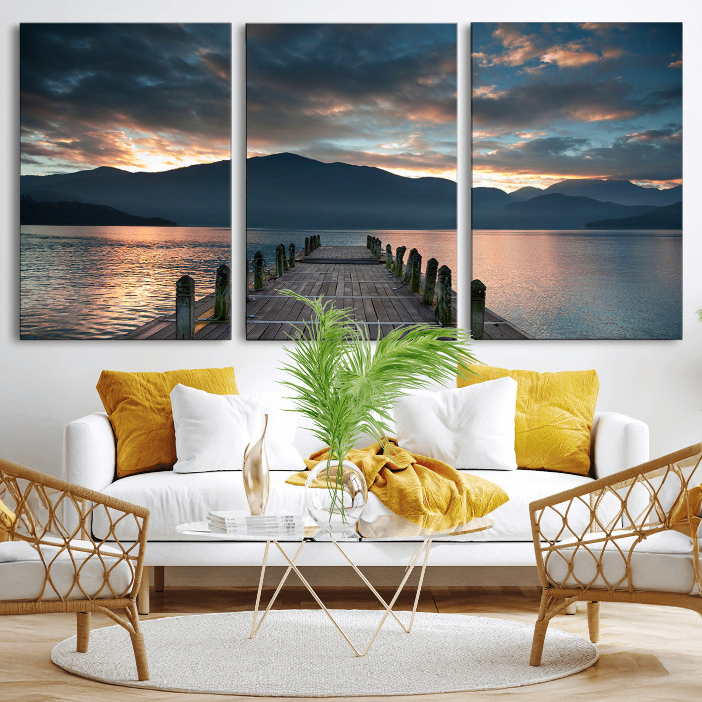 MGV-CV-60X30-3P - Mountain Lake Wood Pier Canvas Wall Art Nature Lake Print