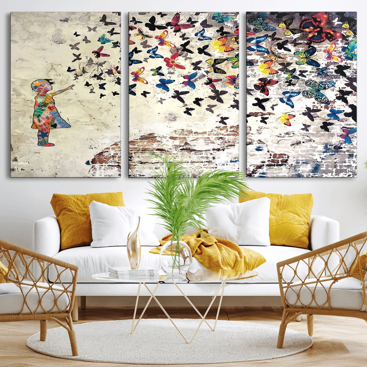 MGV-CV-60X30-3P - Banksy Wall Art - Banksy Girl Butterfly Graffiti Wall Art Canvas Print - Butterfly Girl and Freedom Flight - Vibrant Street Art Print