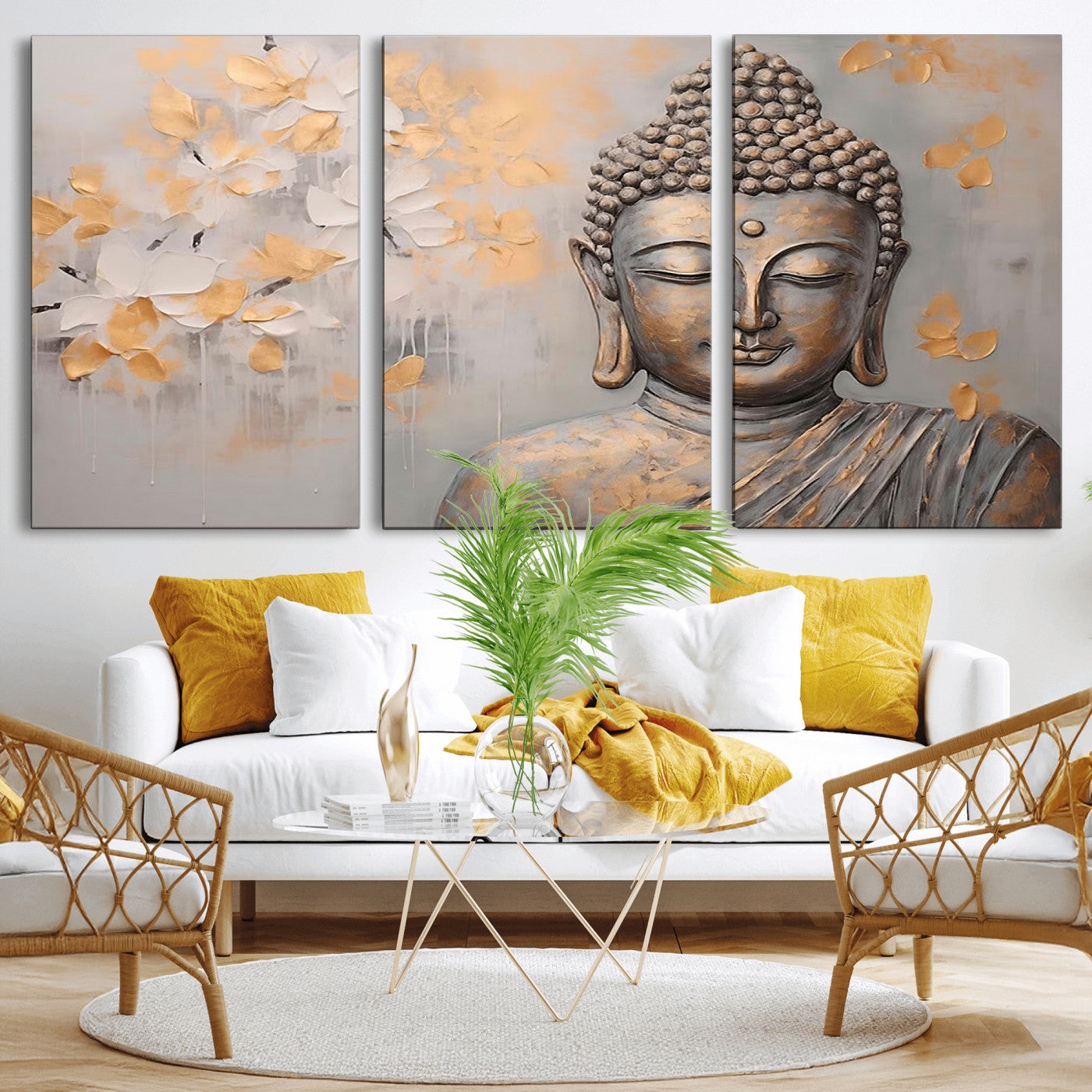 MGV-CV-60X30-3P - Abstract Buddha Statue Wall Art Canvas Print - Modern Meditation Decor for Living Room, Office, Yoga Studio Decor