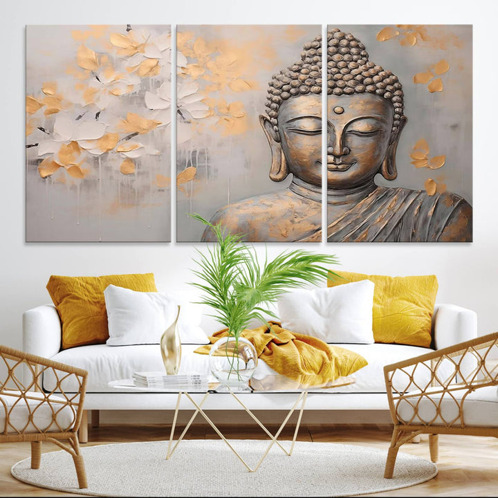 The serene dining room features Abstract Buddha Statue Wall Art.