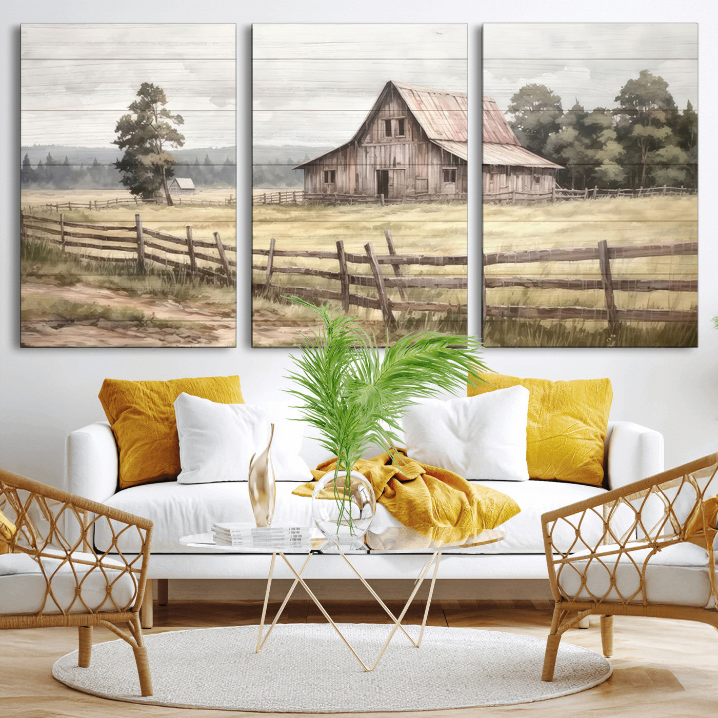MGV-CV-60X30-3P - Rustic Farmhouse Barn Wall Art | 3-Panel Framed Gallery Wrap Giclee Canvas Print for Living Room, Farmhouse, or Office | Country Landscape Wall Art
