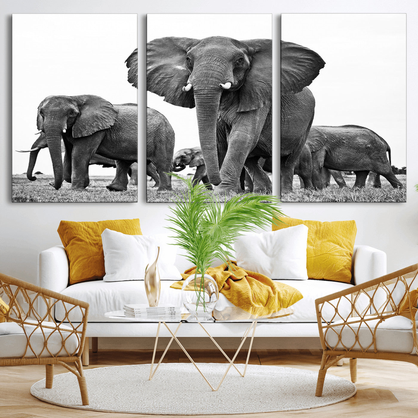 MGV-CV-60X30-3P - Black White Elephant Family Wall Art Canvas Print