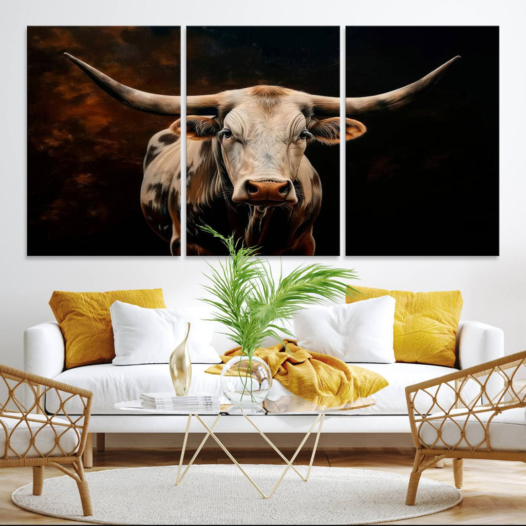 A large 3-panel Texas Longhorn canvas print dominates the space.