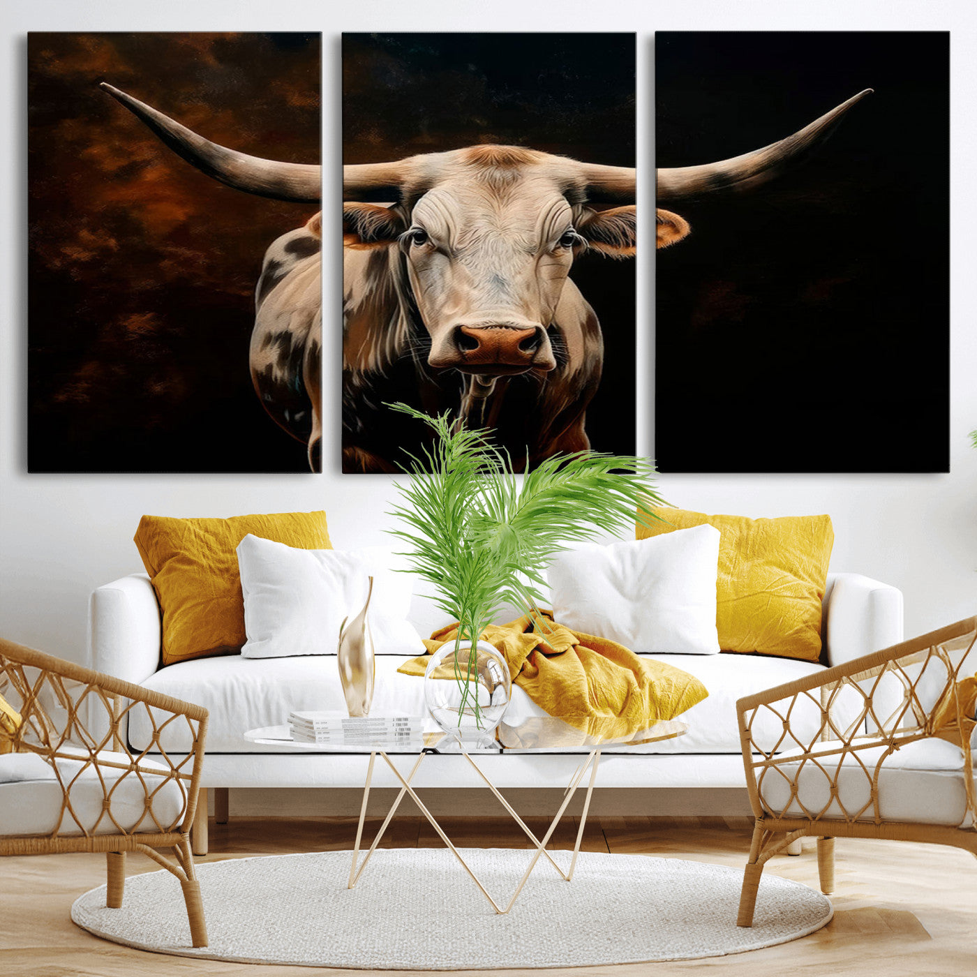 MGV-CV-60X30-3P - Texas Longhorn Wall Art | 3-Panel Large Texas Longhorn Canvas Print for Living Room, Office, or Farmhouse Decor | Framed Giclee Longhorn Wall Art