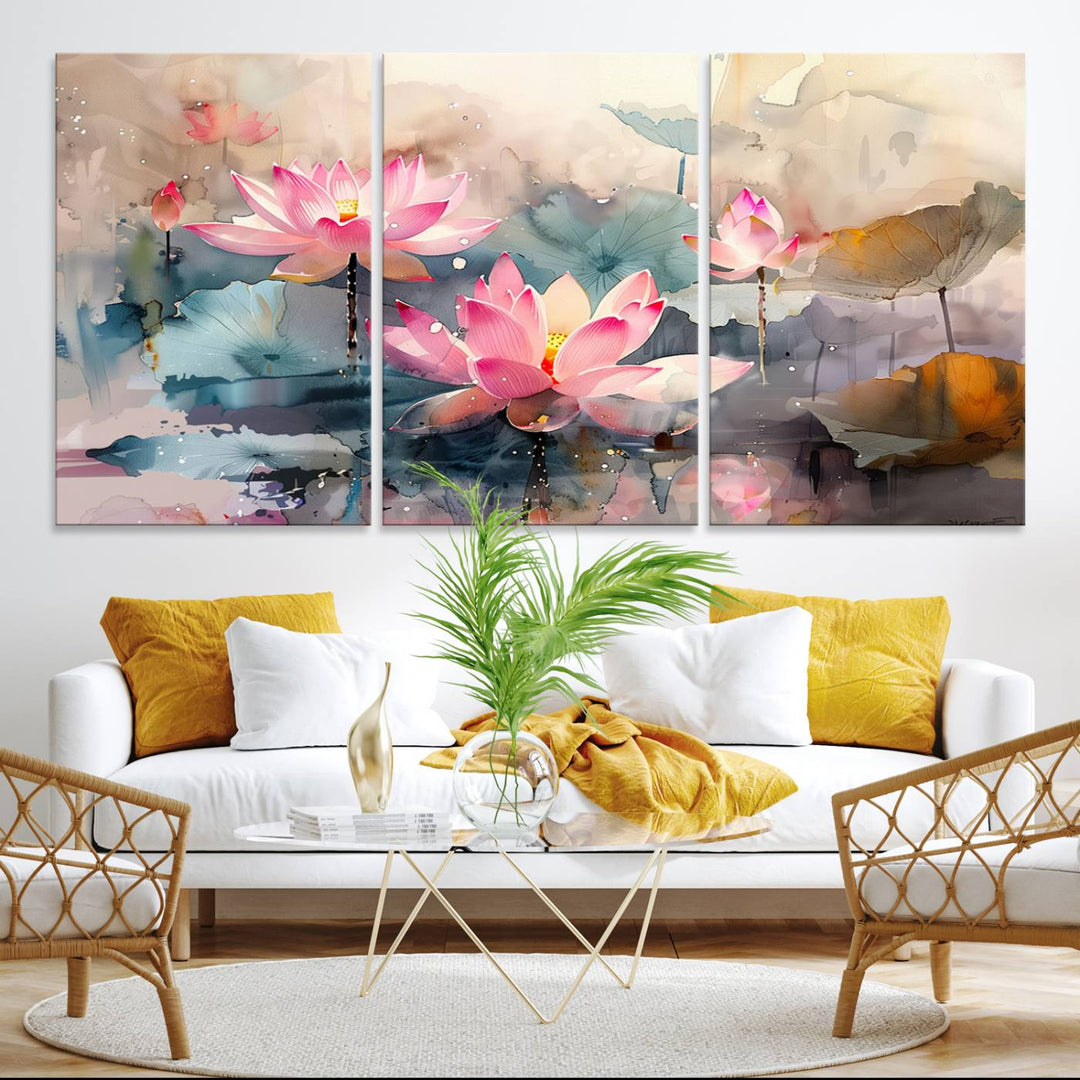 A pink lotus wall art adorns the space.