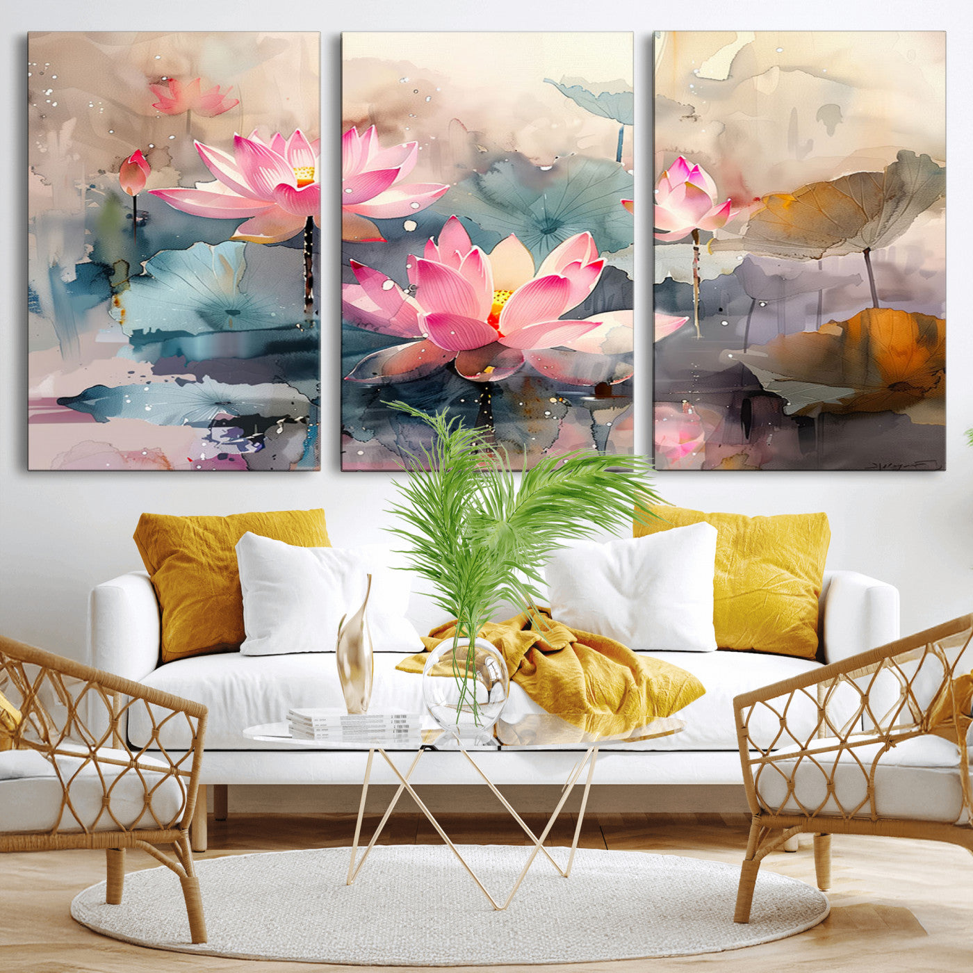 MGV-CV-60X30-3P - Lotus Flower Wall Art | 3-Panel Giclee Canvas Print of Pink Lotus Blossoms for Living Room, Bedroom, Office | Framed Lotus Floral Wall Art Decor Print