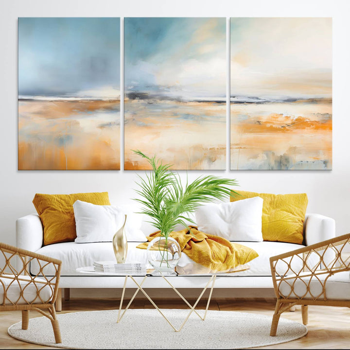 Abstract Landscape Wall Art in warm tones of orange and blue.