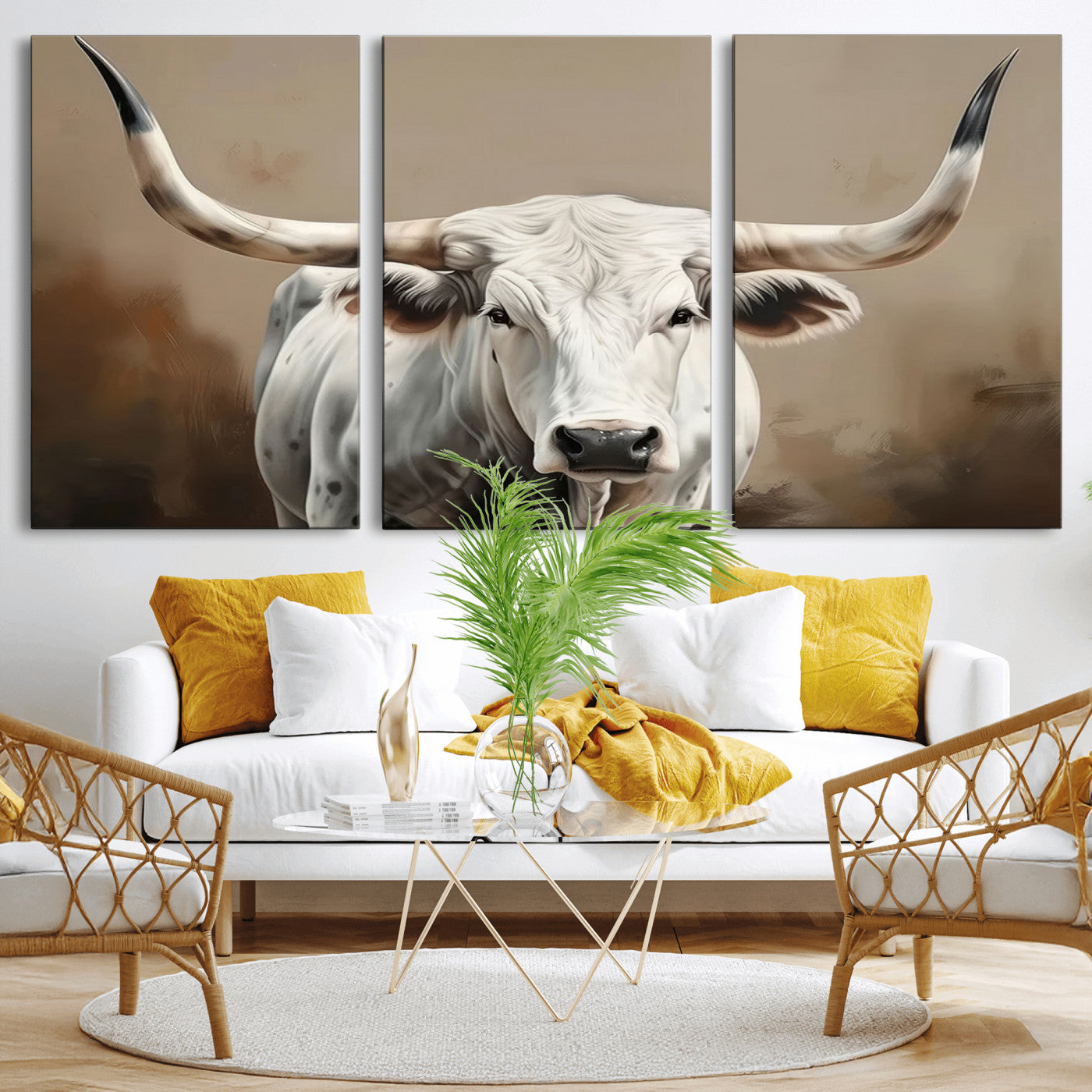 -White Longhorn Bull Wall Art Canvas Print – Framed and Ready to Hang – Perfect for Farmhouse and