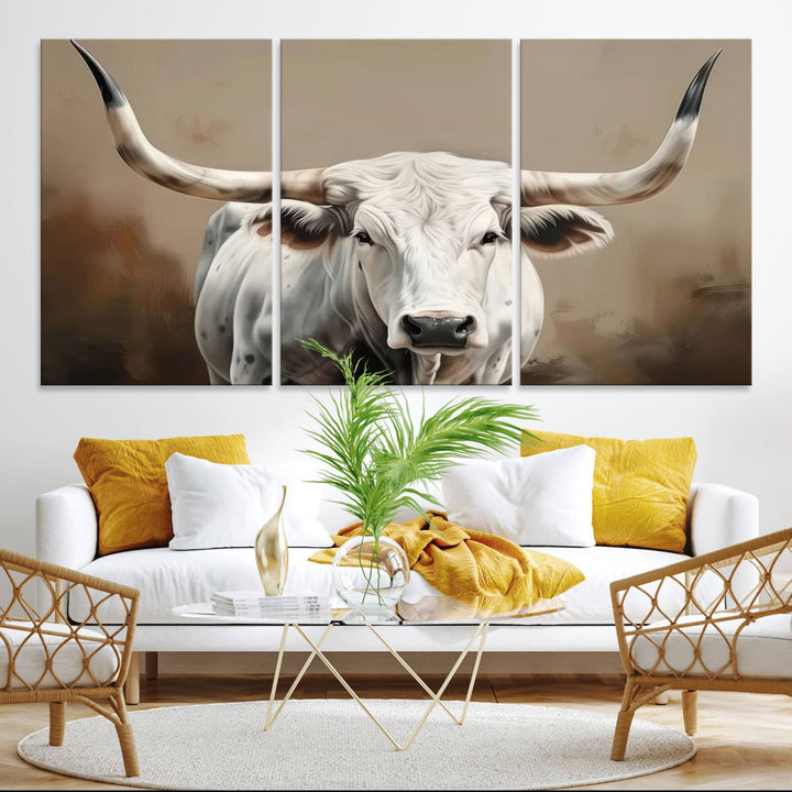 The kitchen features a striking canvas print of a Longhorn Bull.