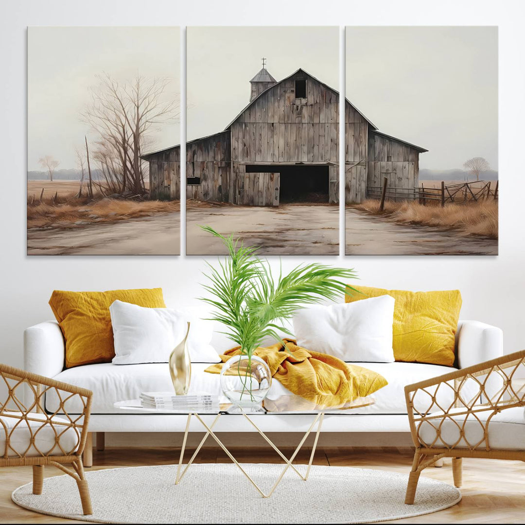 The Farmhouse Rustic Barn Wall Art Canvas Print, framed and ready to hang, enhances the farmhouse décor.