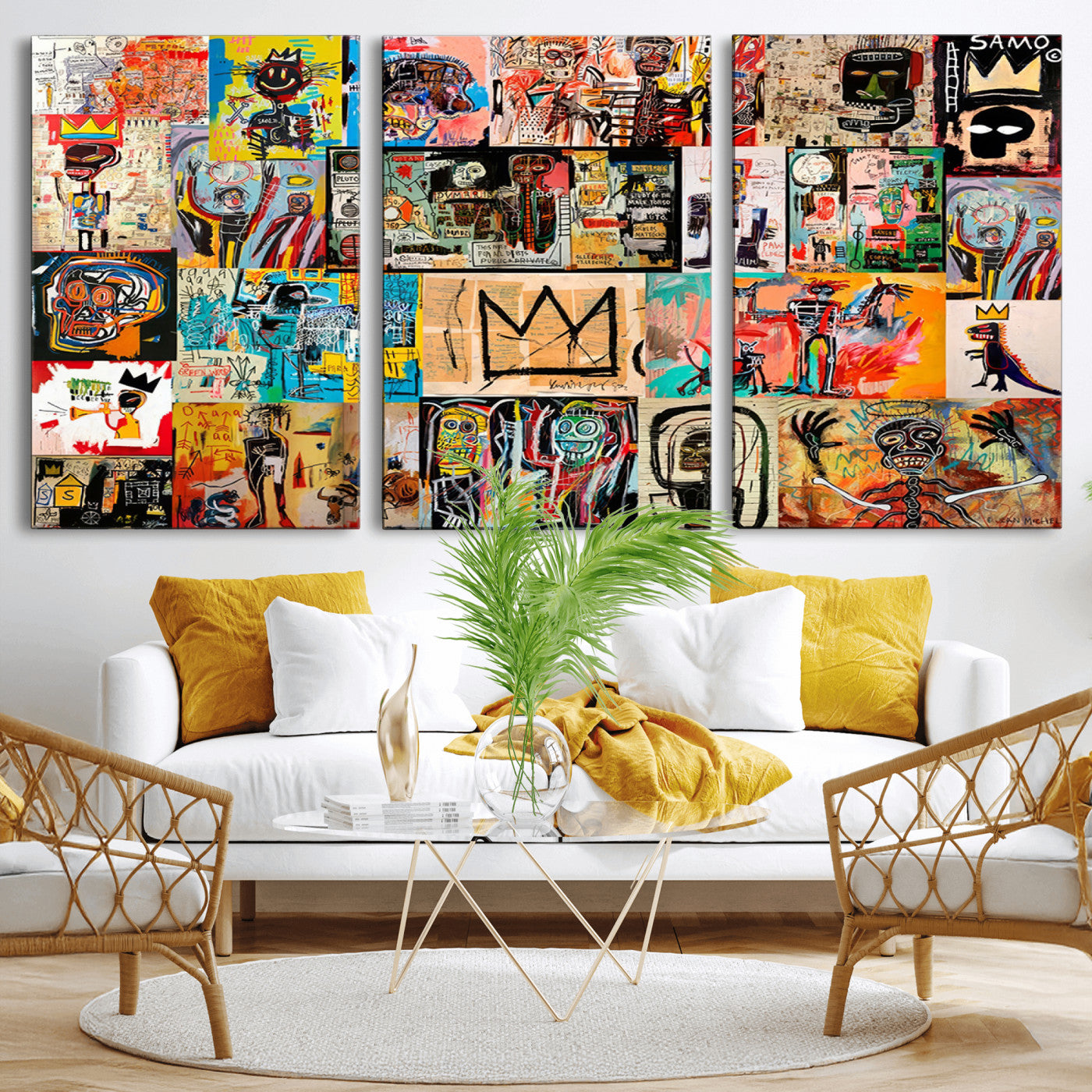 MGV-CV-60X30-3P - Basquiat Art Collage Wall Art Canvas Print – Framed, Ready to Hang, Urban Graffiti Style
