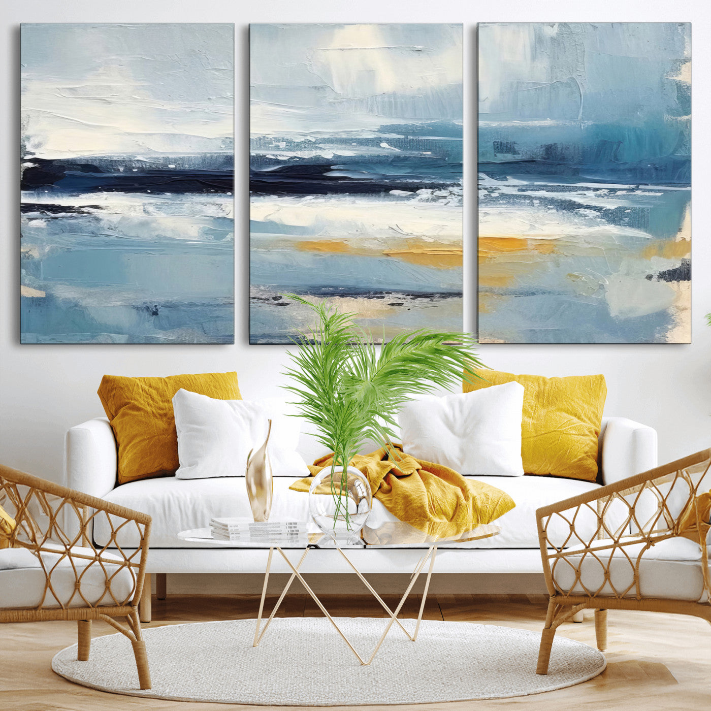 MGV-CV-60X30-3P - Abstract Ocean Canvas Wall Art - Coastal Blue and Gold Textured Painting, Modern Seascape Decor for Living Room Decor