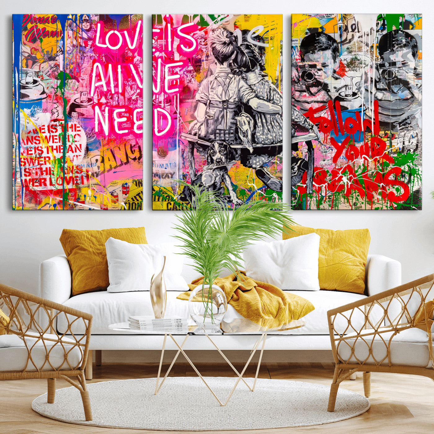 MGV-CV-60X30-3P - Follow Your Dreams & Love is All We Need Graffiti Street Art Triptych | 3-Panel Colorful Urban Wall Art for Living Room, Office, Loft Graffiti Wall Art Print