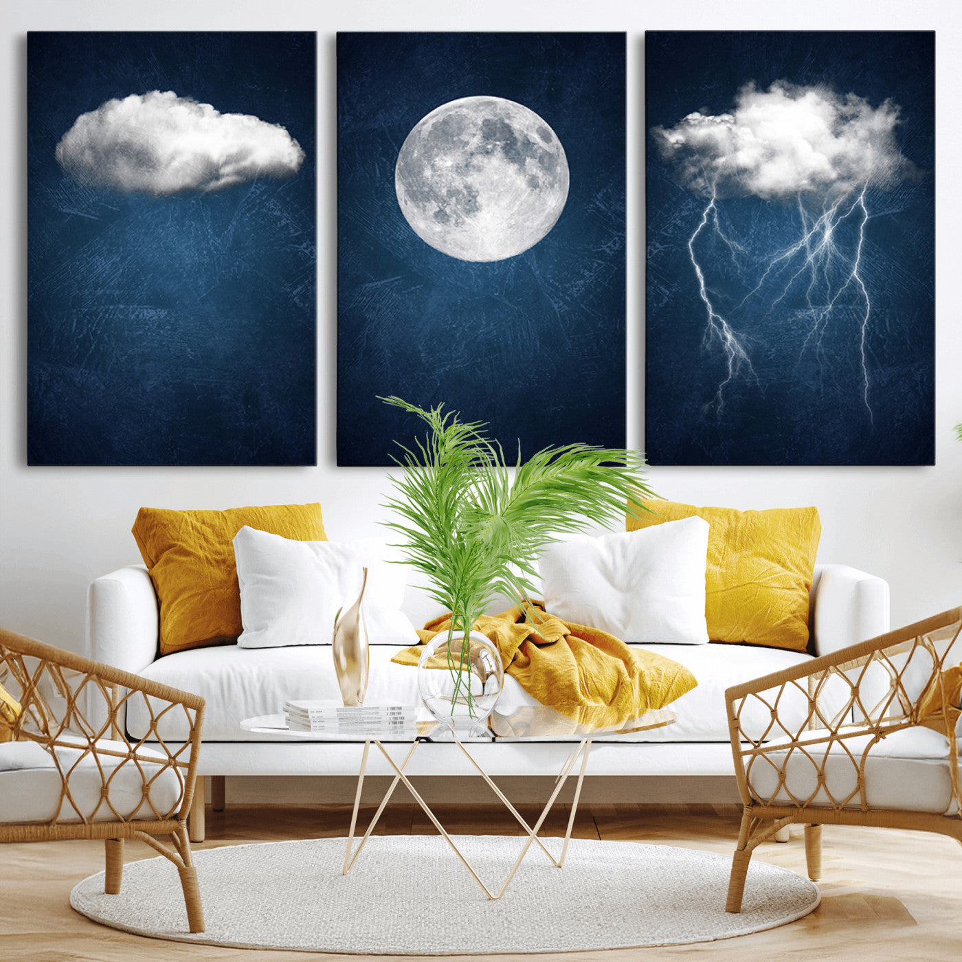-Dark Blue Cloud Art, 3 Piece Indigo Blue Wall Art, Aesthetic Surreal Art, Thunderstorm Moon Cloud