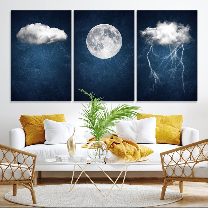 Dark Blue Cloud Art featuring a surreal moon and thunderstorm on a dark background.