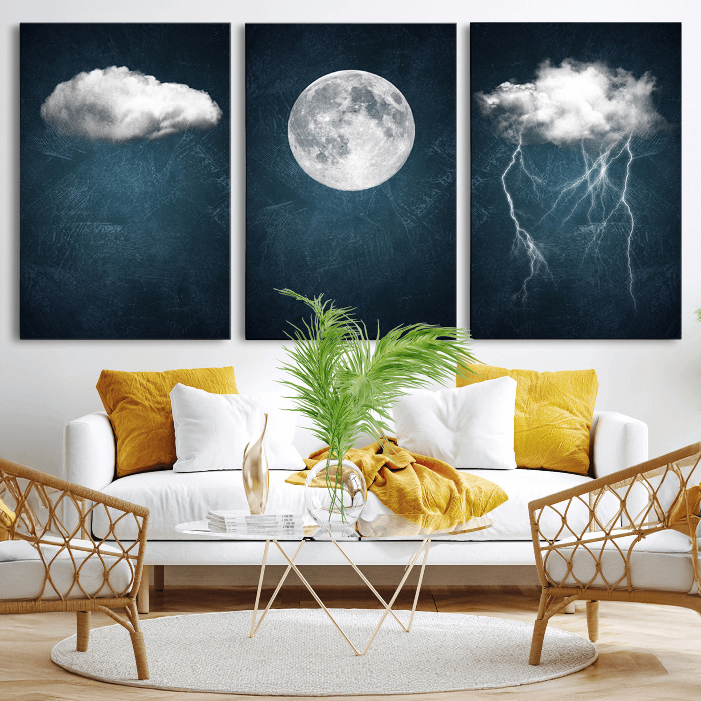 -3 Piece Indigo Cloud Wall Art, Thunderstorm Moon Cloud Artworks