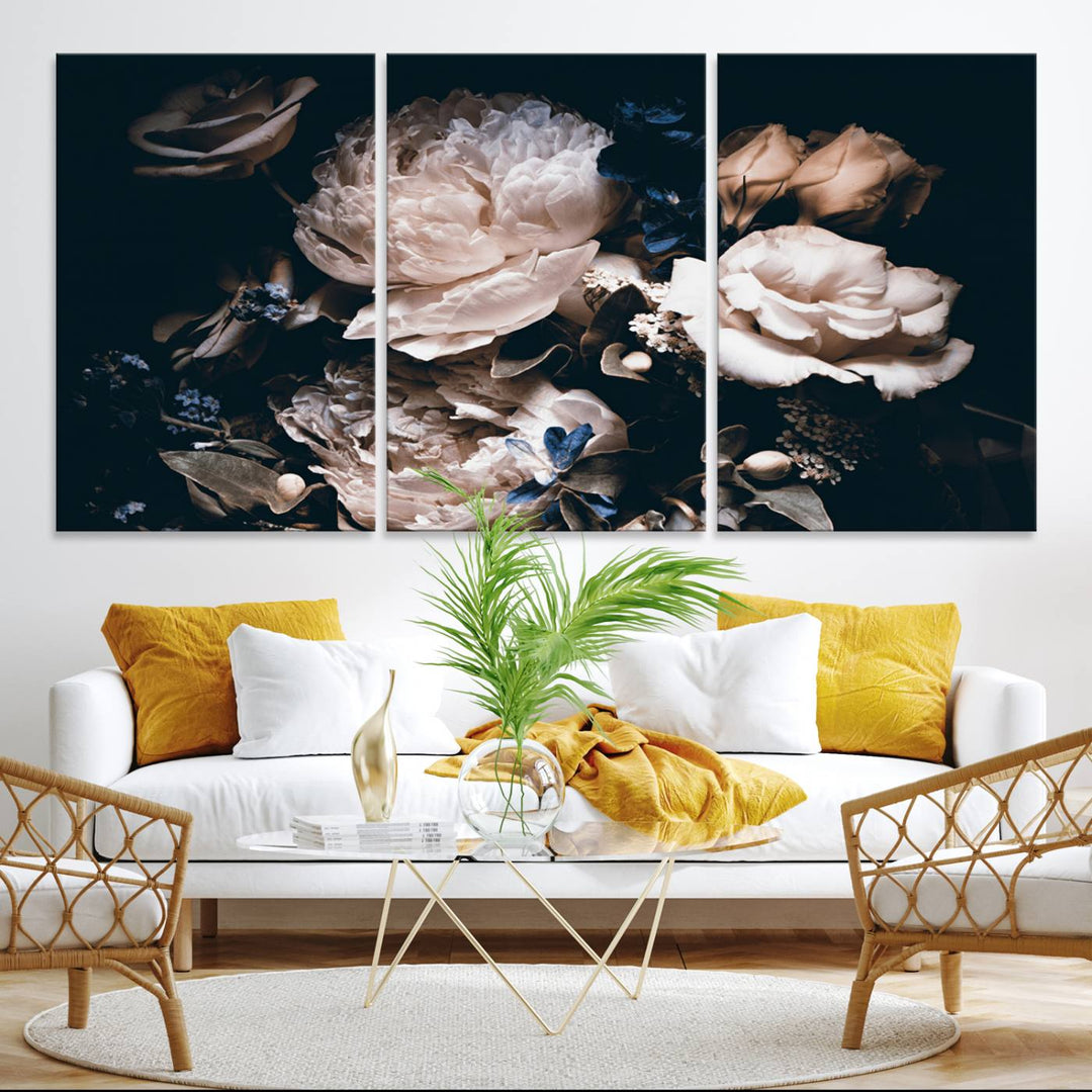 A large canvas art print of pink peonies flowers adds a vibrant touch to the space.