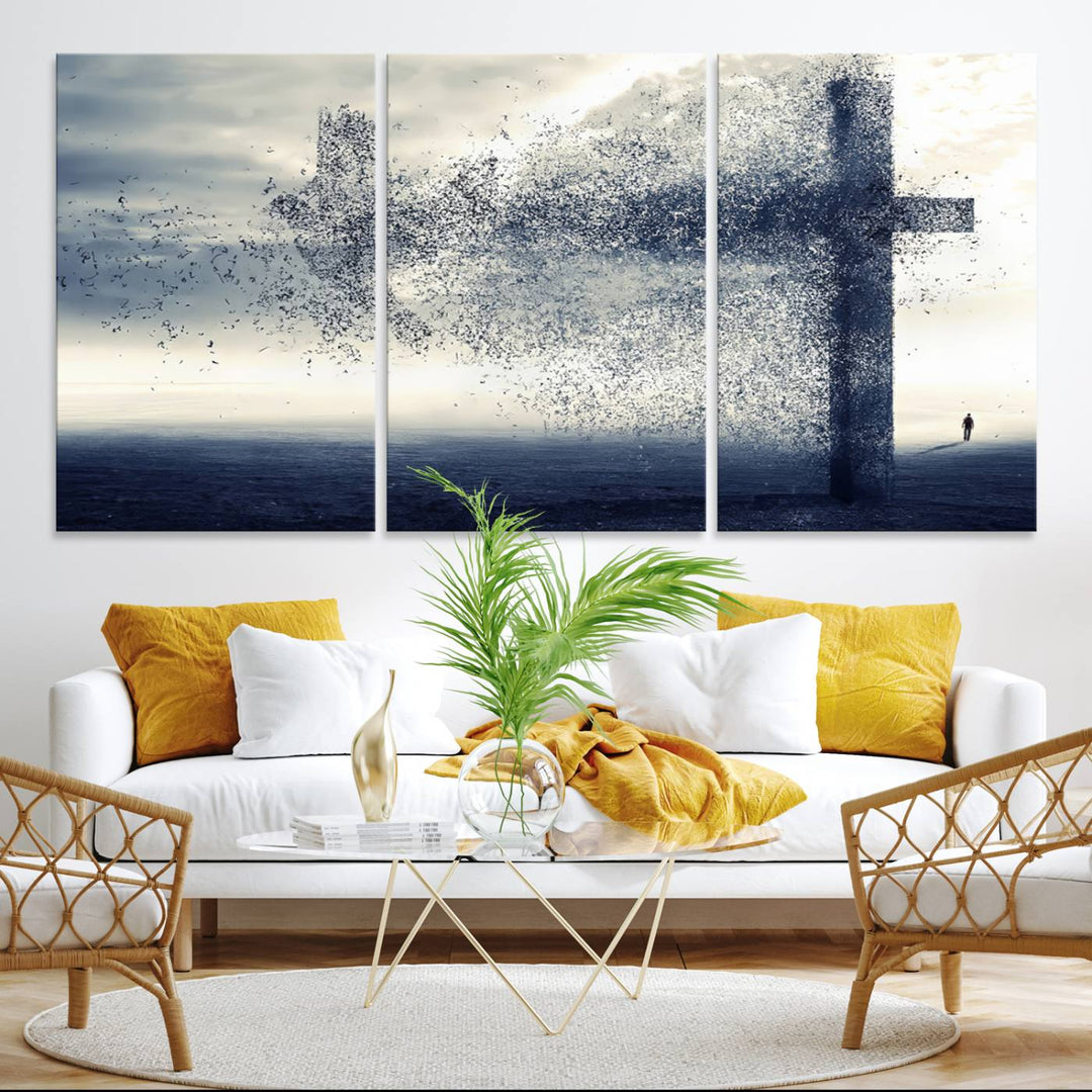 The Jesus and the Fading Cross wall art portrays a moody landscape.