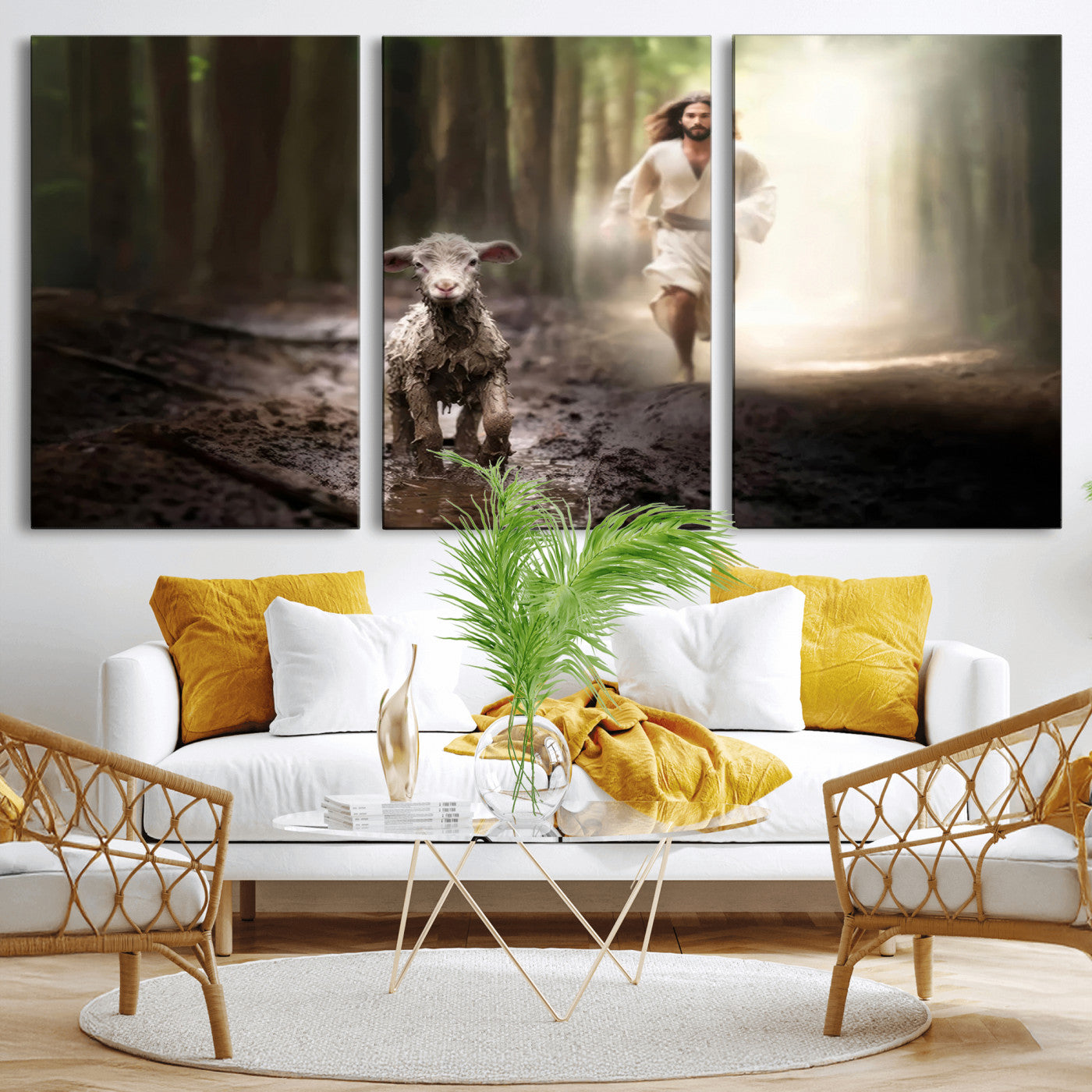 MGV-CV-60X30-3P - Jesus Canvas Wall Art - Jesus Running After Lost Lamb, Jesus, Christian Home Decor - Church Wall Art