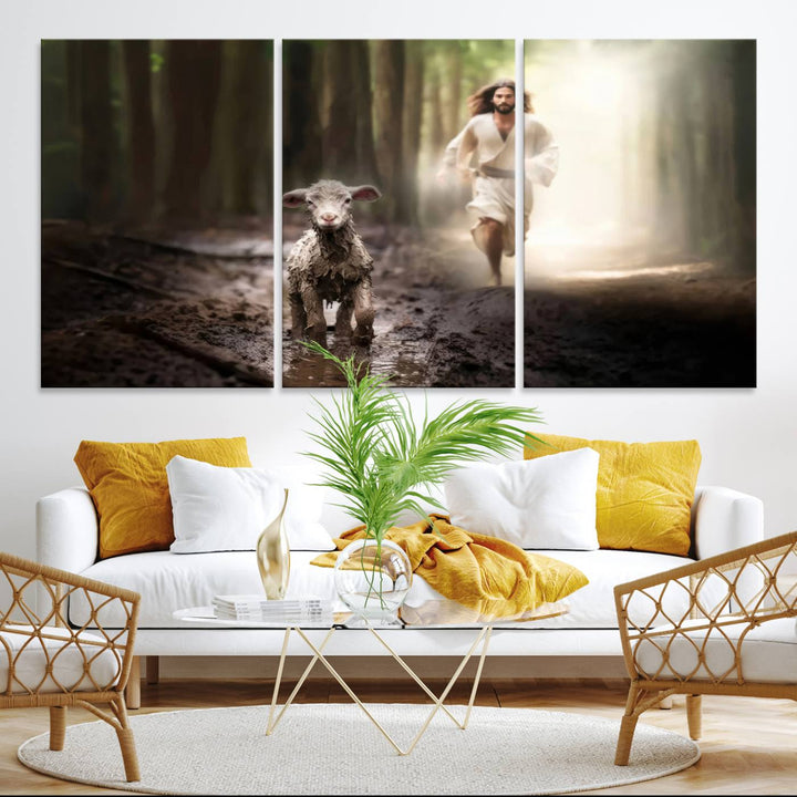 The Jesus Running After Lost Lamb canvas wall art adds a touch of spiritual significance.