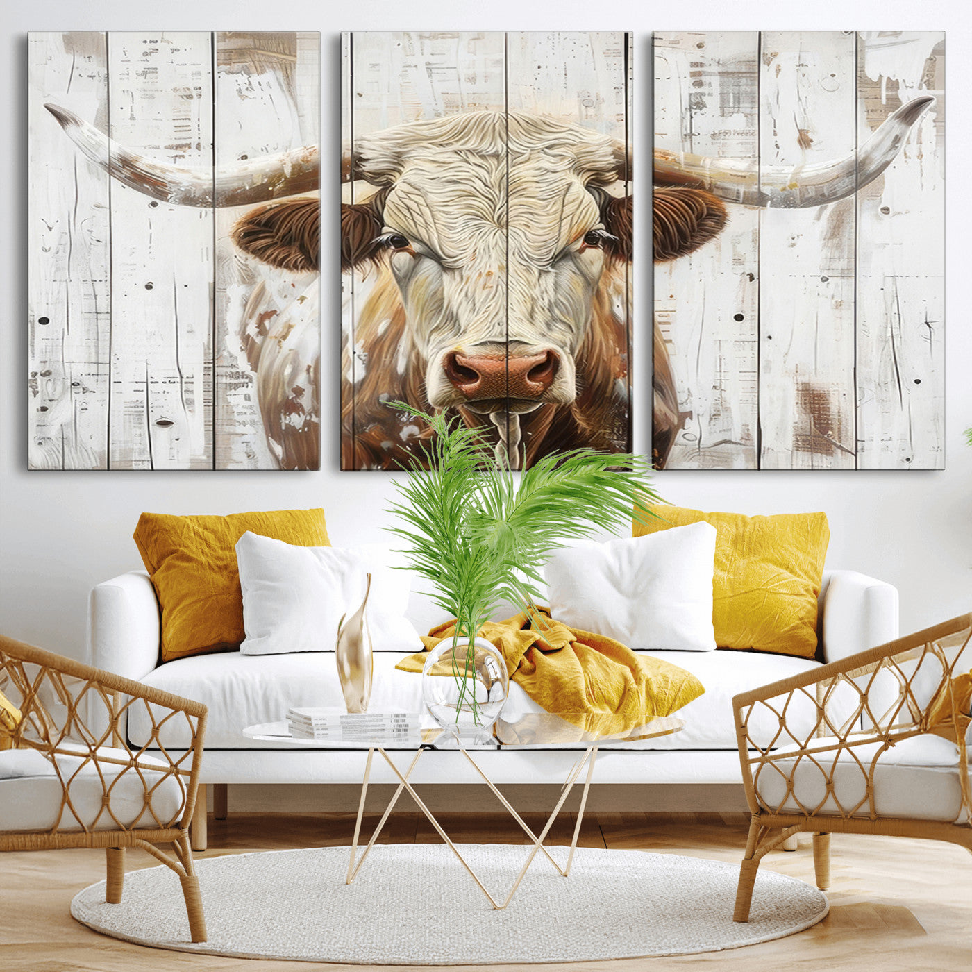 71551-MGV-CV-60X30-3P-Rustic Longhorn Bull Wall Art Canvas Set – Western-Inspired Farmhouse Décor - Ready to Hang