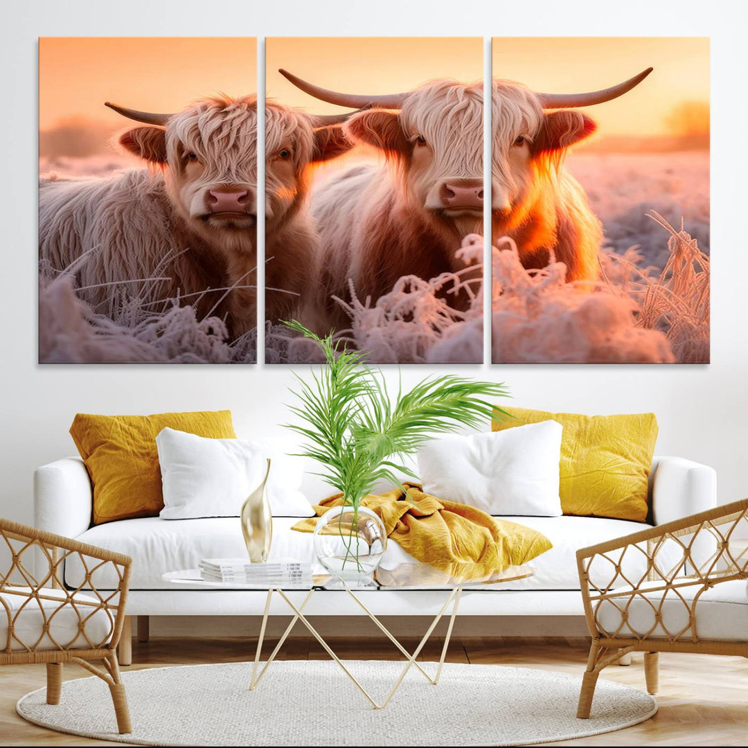 Highland Cows at Sunrise Wall Art adds serene rustic farmhouse charm.