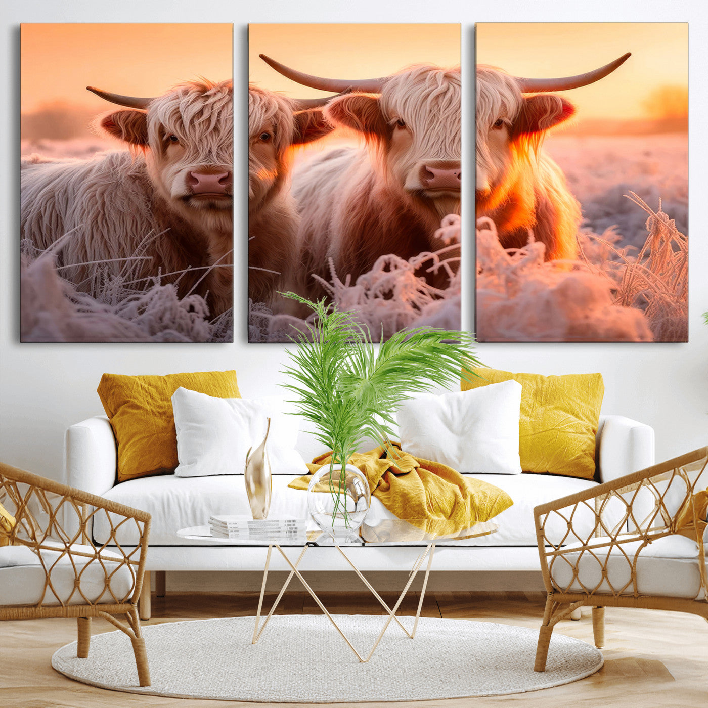 -Highland Cows at Sunrise Wall Art Canvas Set – Serene and Rustic Farmhouse Decor