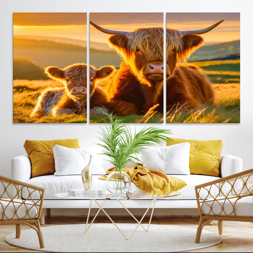 The Scottish Cow and Baby Cow Canvas Wall Art captures sunset fields.