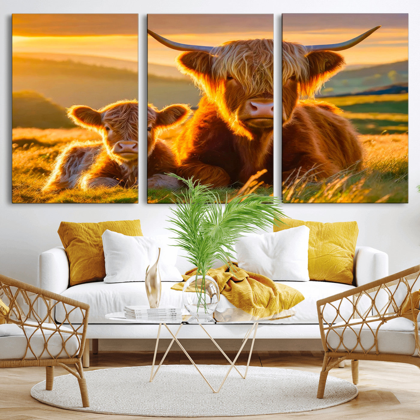 -Scottish Cow and Baby Cow Canvas Wall Art Animal Print Fluffy Cattle Framed Farmhouse Decor