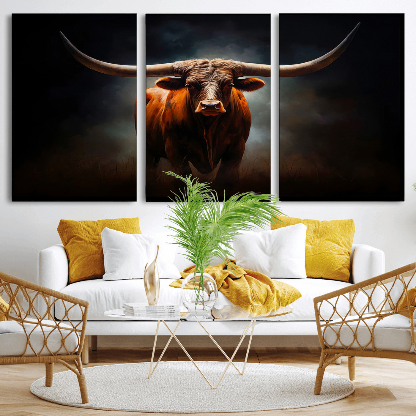 MGV-CV-60X30-3P - Abstract Texas Longhorn Wall Art Print | 3-Panel Large Texas Longhorn Canvas Print for Living Room, Office  Farmhouse Decor | Framed Longhorn Wall Art