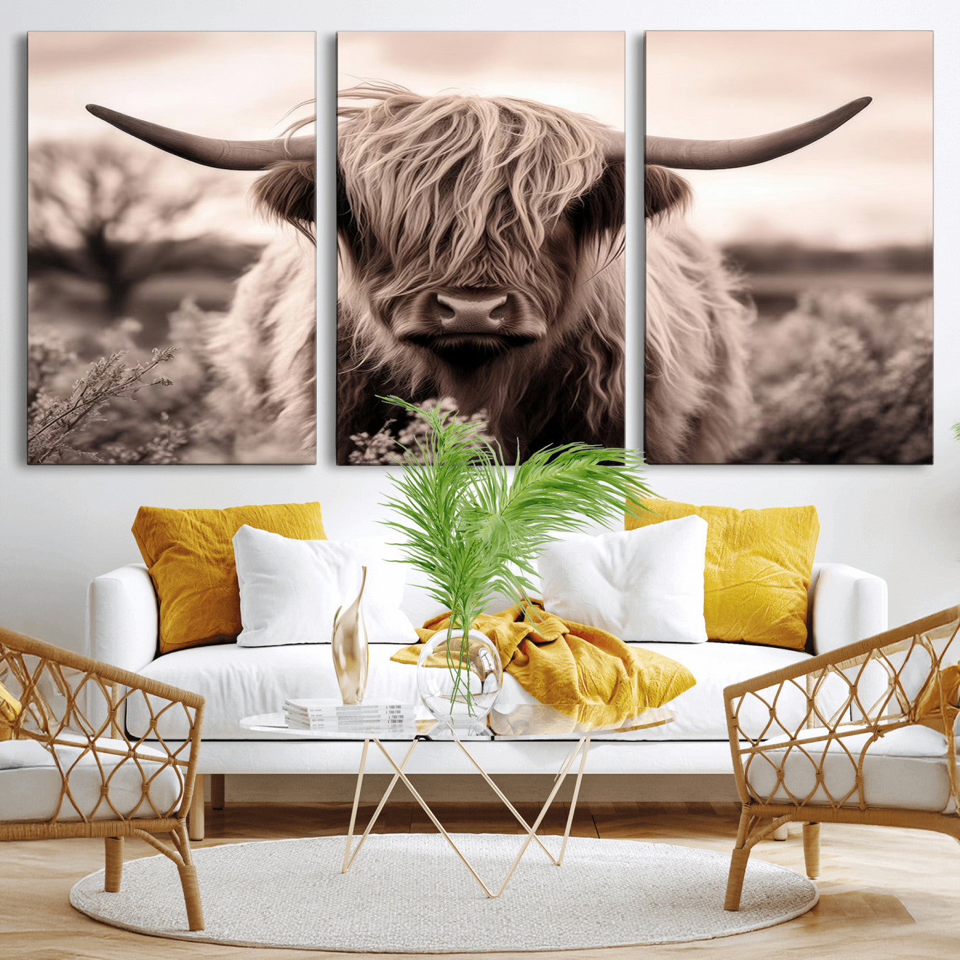 MGV-CV-60X30-3P - Scottish Cow Longhorn Wall Art Canvas Print