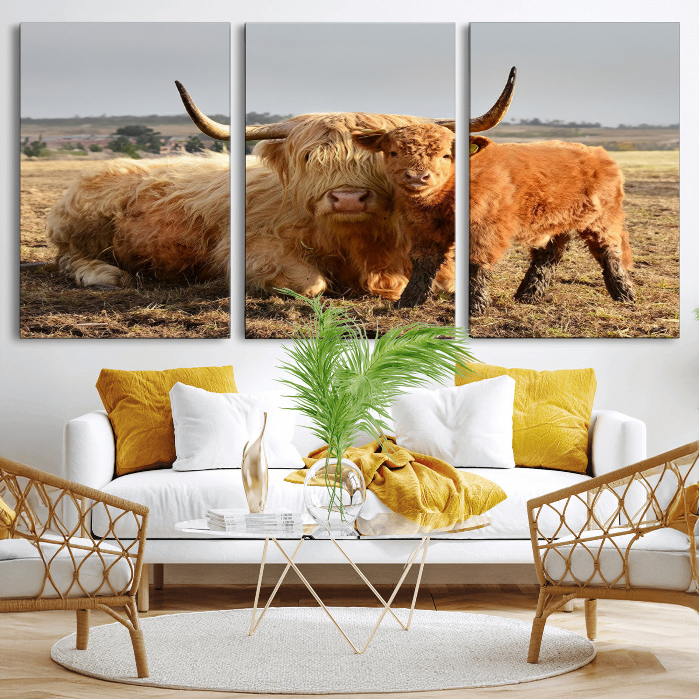 MGV-CV-60X30-3P - Highland Cow Canvas Wall Art Animal Print for Farm House Decor