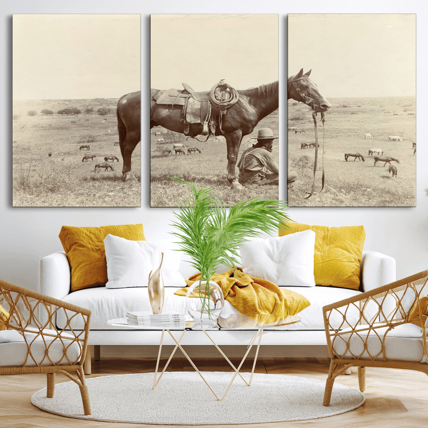 MGV-CV-60X30-3P - Cowboy Wall Art - Western Horse Canvas Print - Vintage Western Wall Art Canvas Print, Ready to Hang
