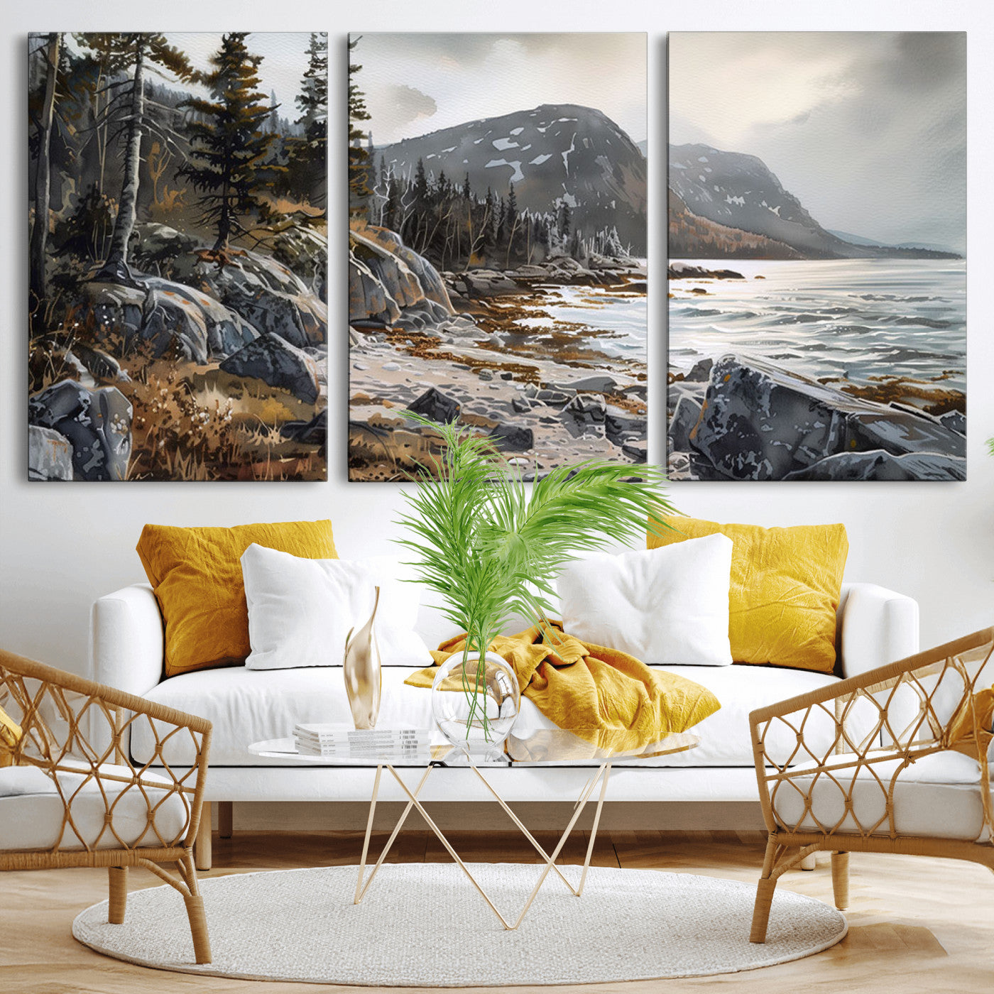 -Serene Coastal View of Acadia National Park - Stunning 3-Panel Wall Art Canvas Print, Framed, Ready