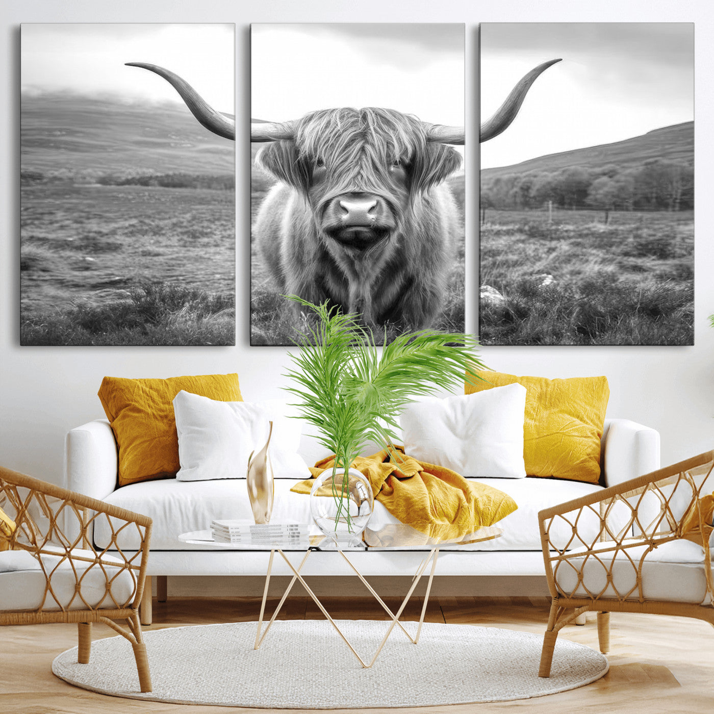 MGV-CV-60X30-3P - Black White Scottish Highland Cow Canvas Farm Wall Art Canvas Print
