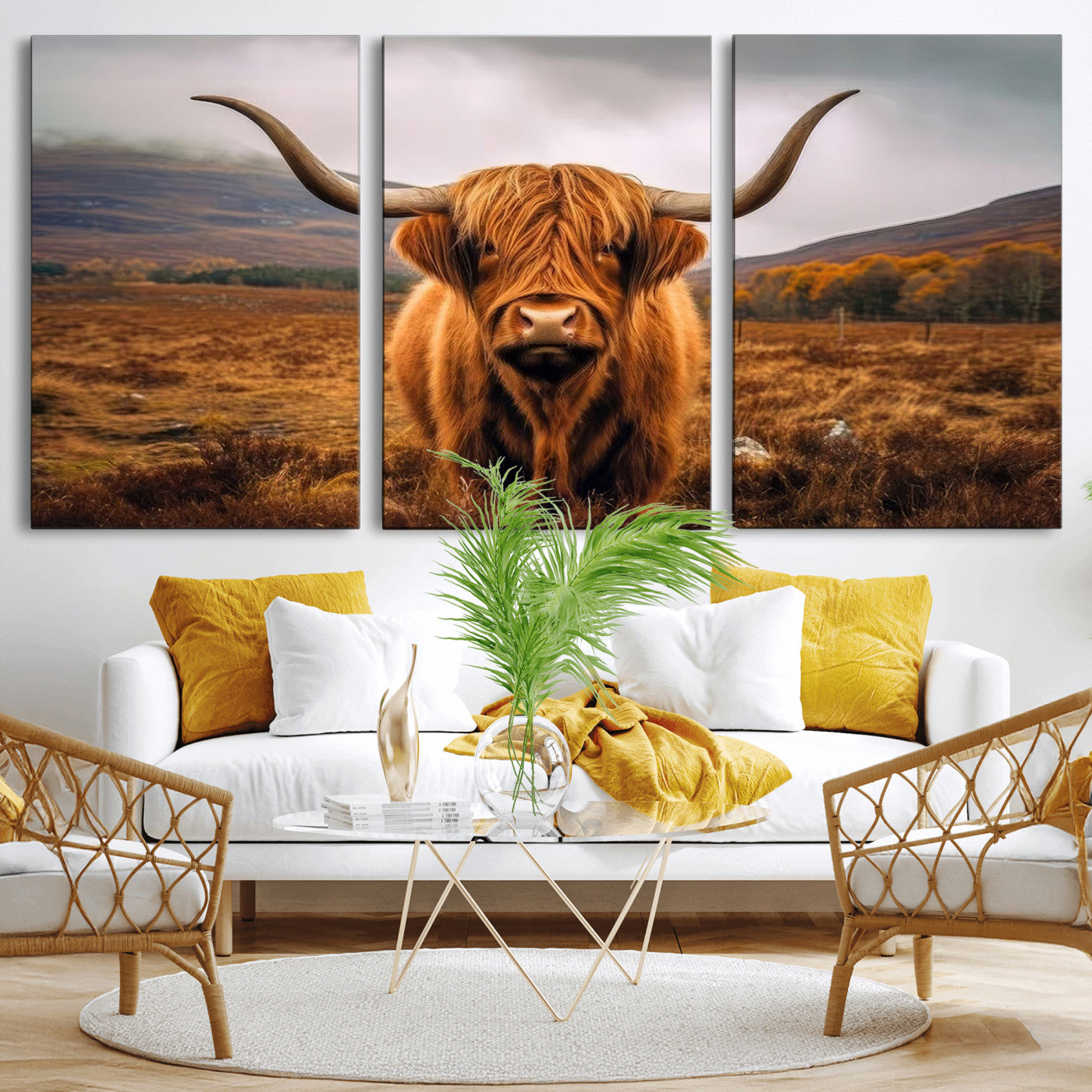 -Highland Cow Longhorn Wall Art – Rustic Canvas Print, Framed and Ready to Hang for Farmhouse Décor