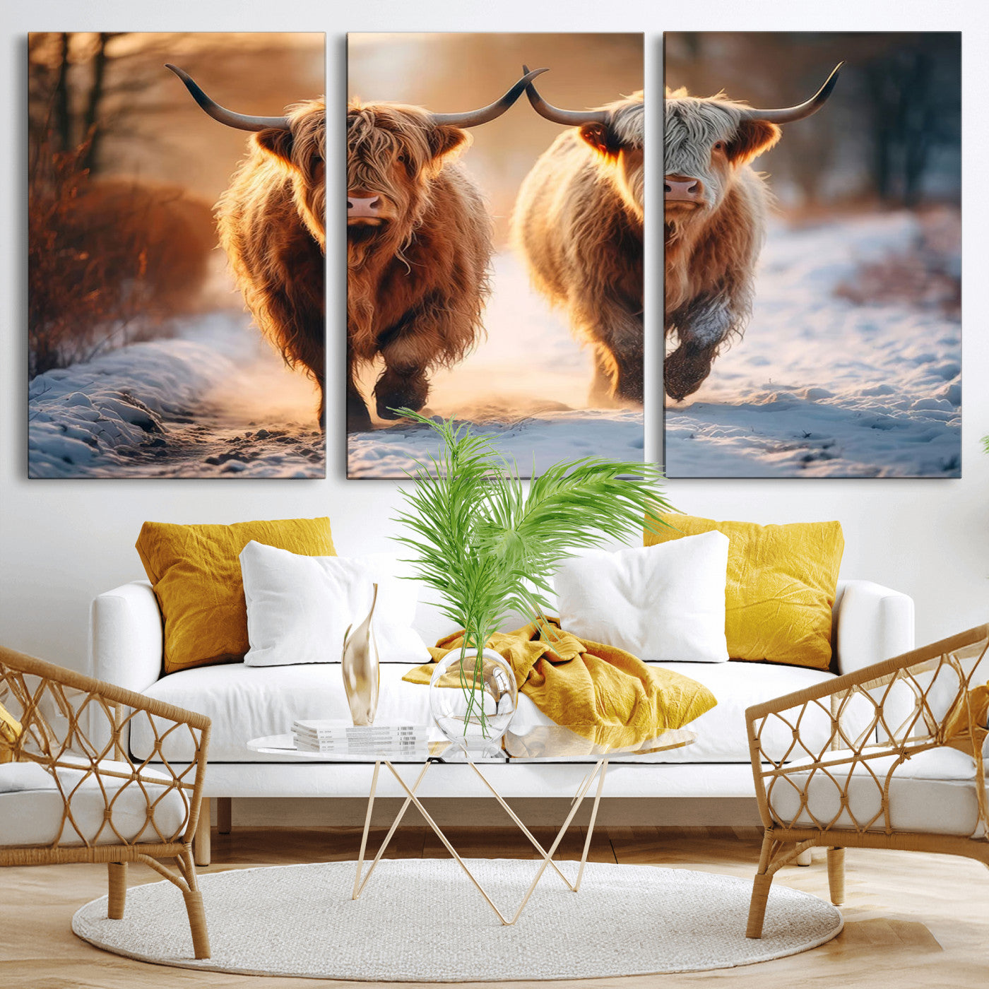 MGV-CV-60X30-3P - Scottish Highland Cow Horn Farm Wall Art Canvas Print