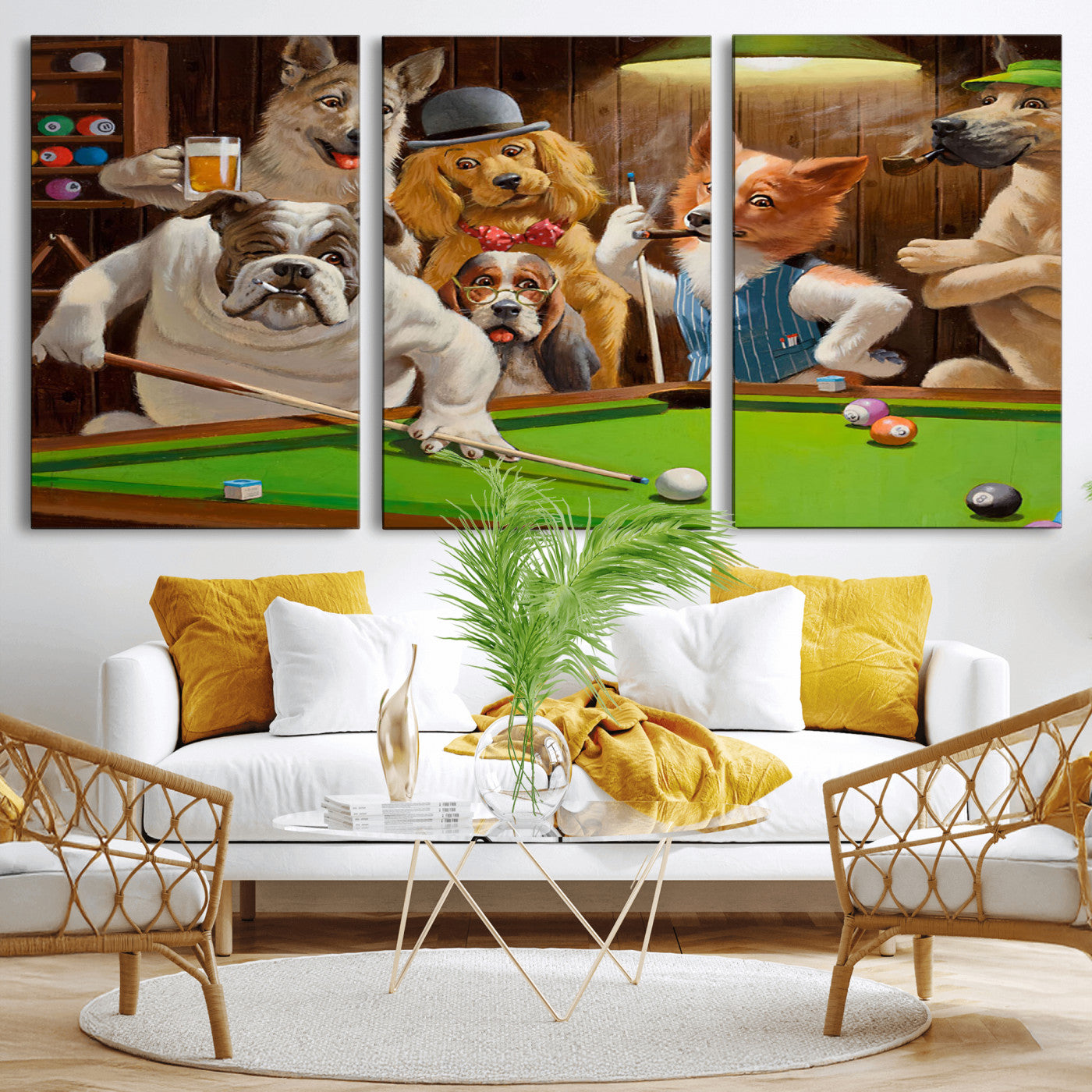 MGV-CV-60X30-3P - Dogs Playing Pool Canvas Wall Art Funny Gifts Dog Print