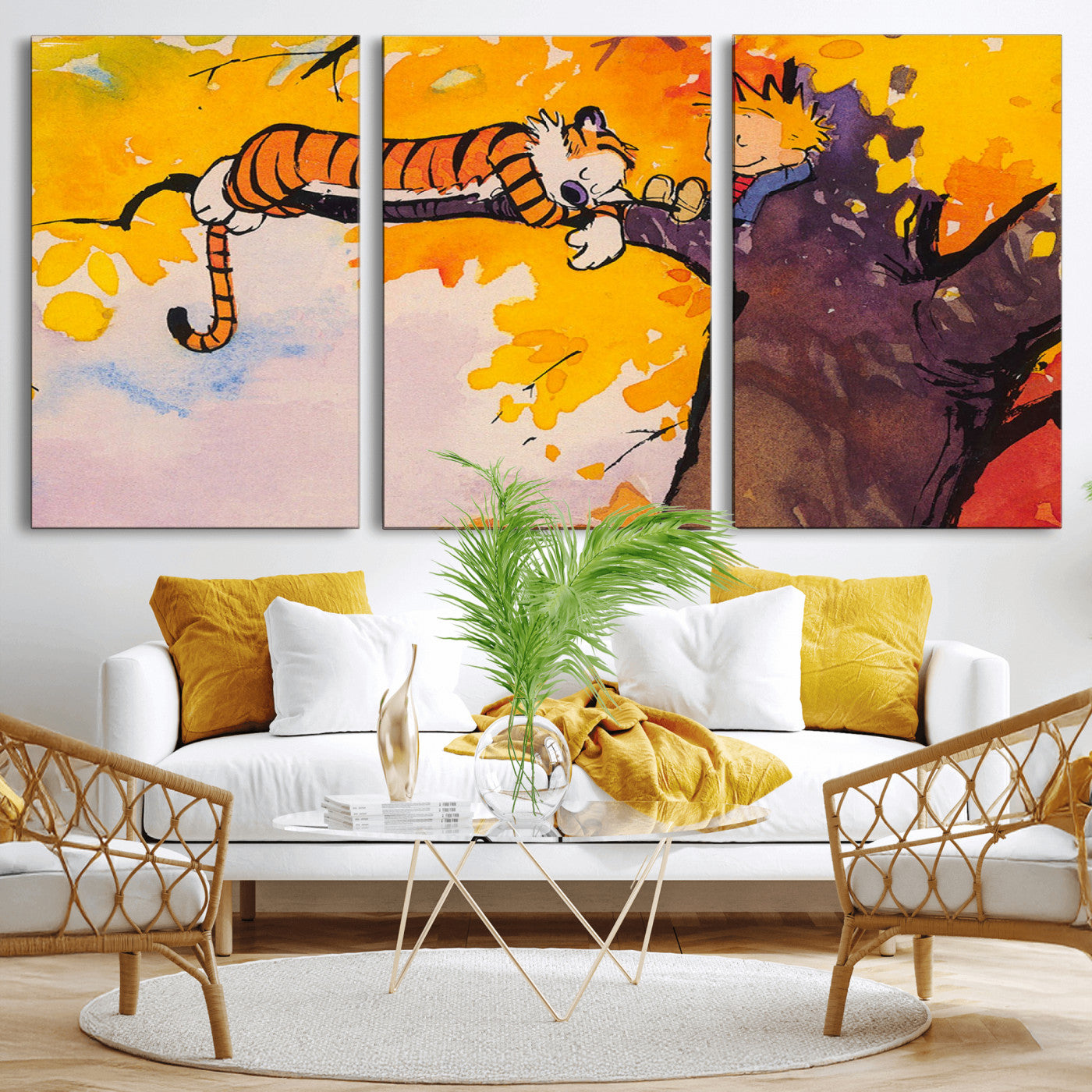 MGV-CV-60X30-3P - Calvin and Hobbes Tree Scene Canvas Print | 3 Panel Large Wall Art for Living Room or Kid’s Room,