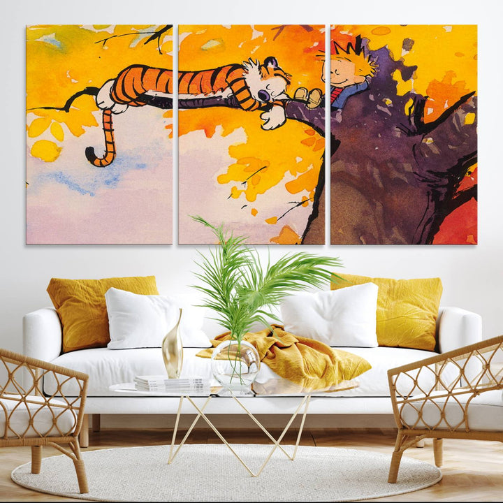 Premium canvas Calvin Wall Arts featuring a boy and tiger relaxing on a branch.